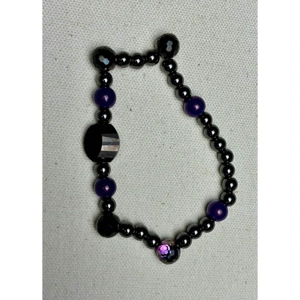 Black Purple Beaded Stretch Bracelet Hematite Glass Crystal Fashion Jewelry